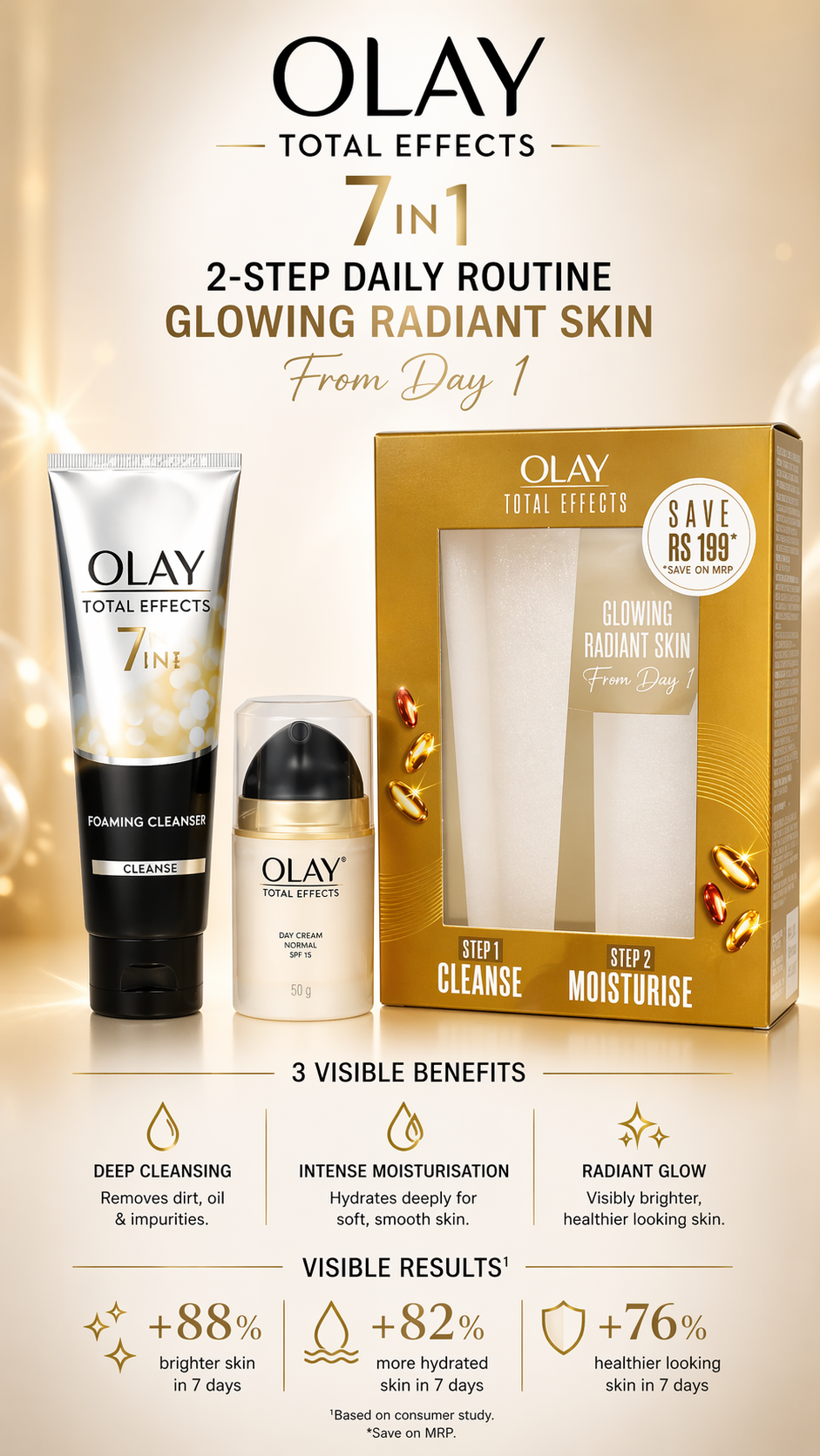 Olay Total Effects 7 In 1 Day Cream Spf 15 50ml + Cleanser 100ml --2pcs