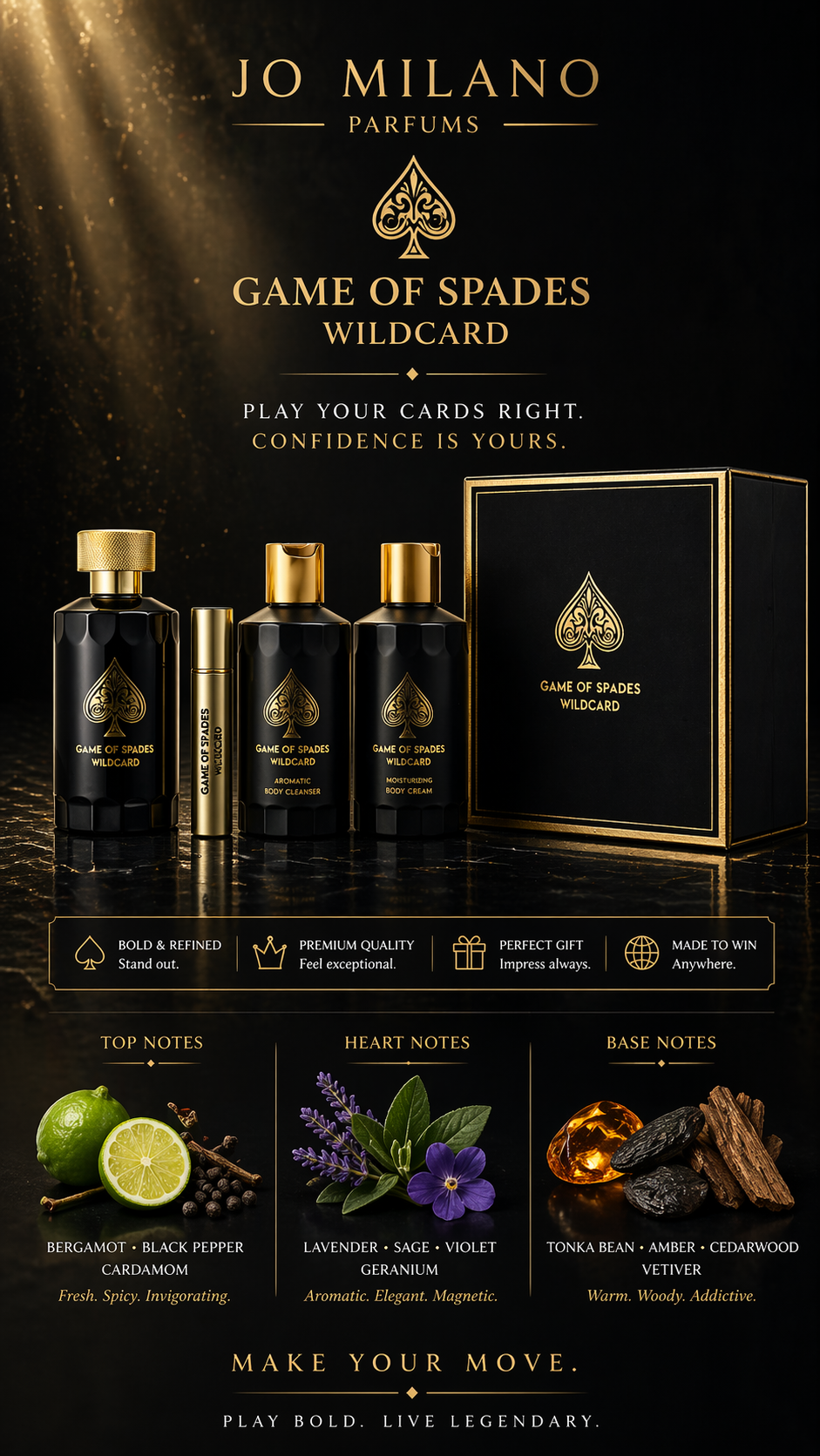 Jo Milano Game Of Spades Wildcard Parfum Spray 3.4 oz & Body Cleanser 6.8 oz & Body Cream 6.8 oz & Refillable Spray 0.27 oz Mini
