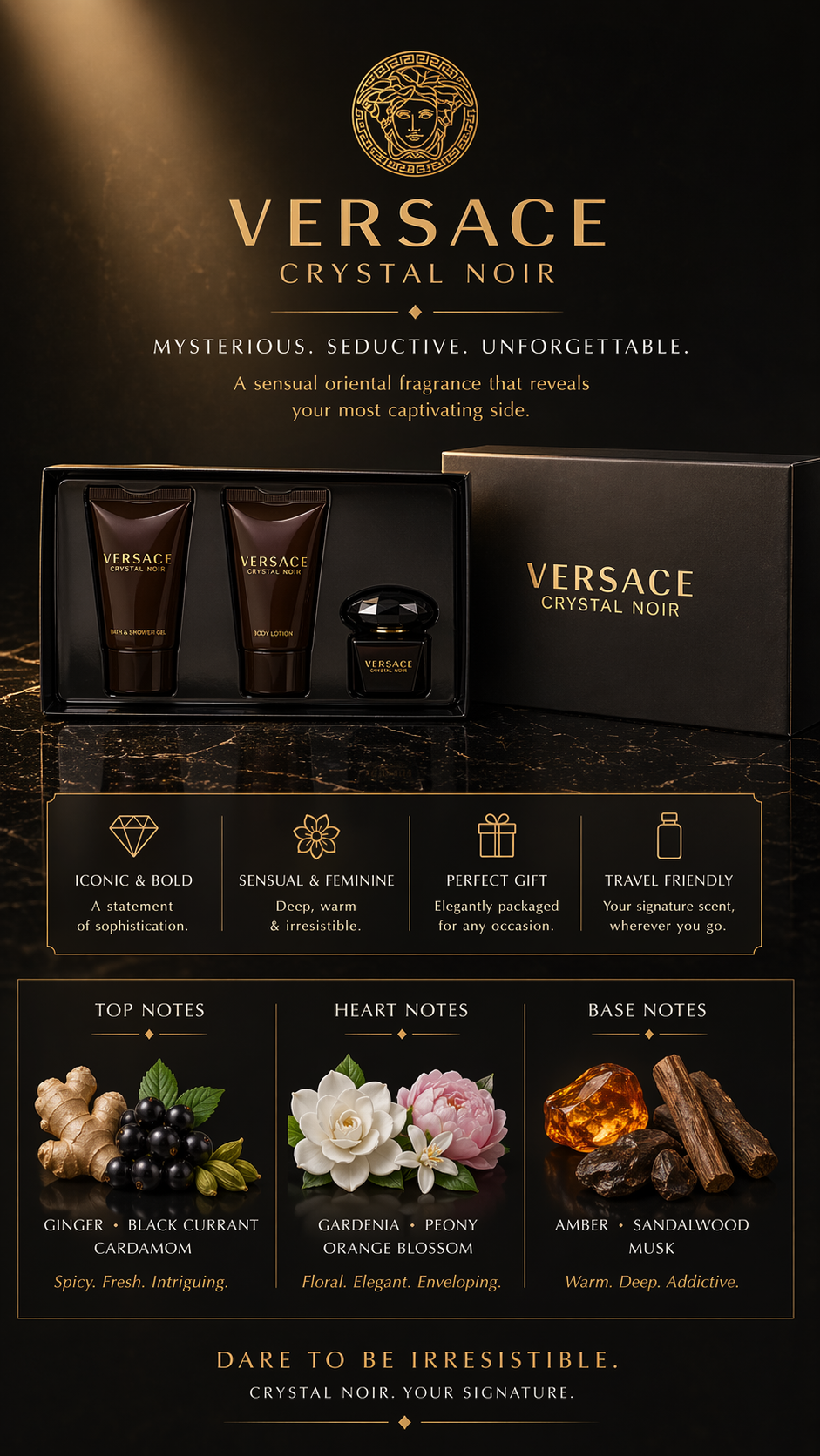 Versace Crystal Noir women Eau De Toilette 0.17 oz Mini & Body Lotion 0.8 oz & Shower Gel 0.8 oz