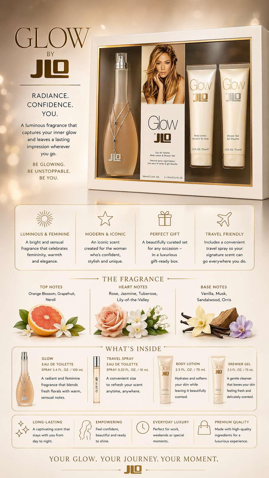 Glow women Eau De Toilette Spray 3.4 oz & Body Lotion 2.5 oz & Shower Gel 2.5 oz