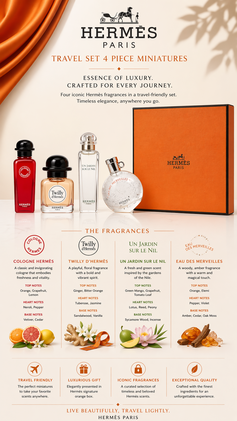 Hermes Travel Set 4 Piece Mini Variety With Un Jardin Sur Le Nil Eau De Toilette 0.25 oz & Eau Des Merveilles Eau De Toilette 0.25 oz & Twilly d'Hermes Eau De Parfum 0.25 oz & Eau De Rhubarbe Ecarlate Eau De Cologne 0.25 oz