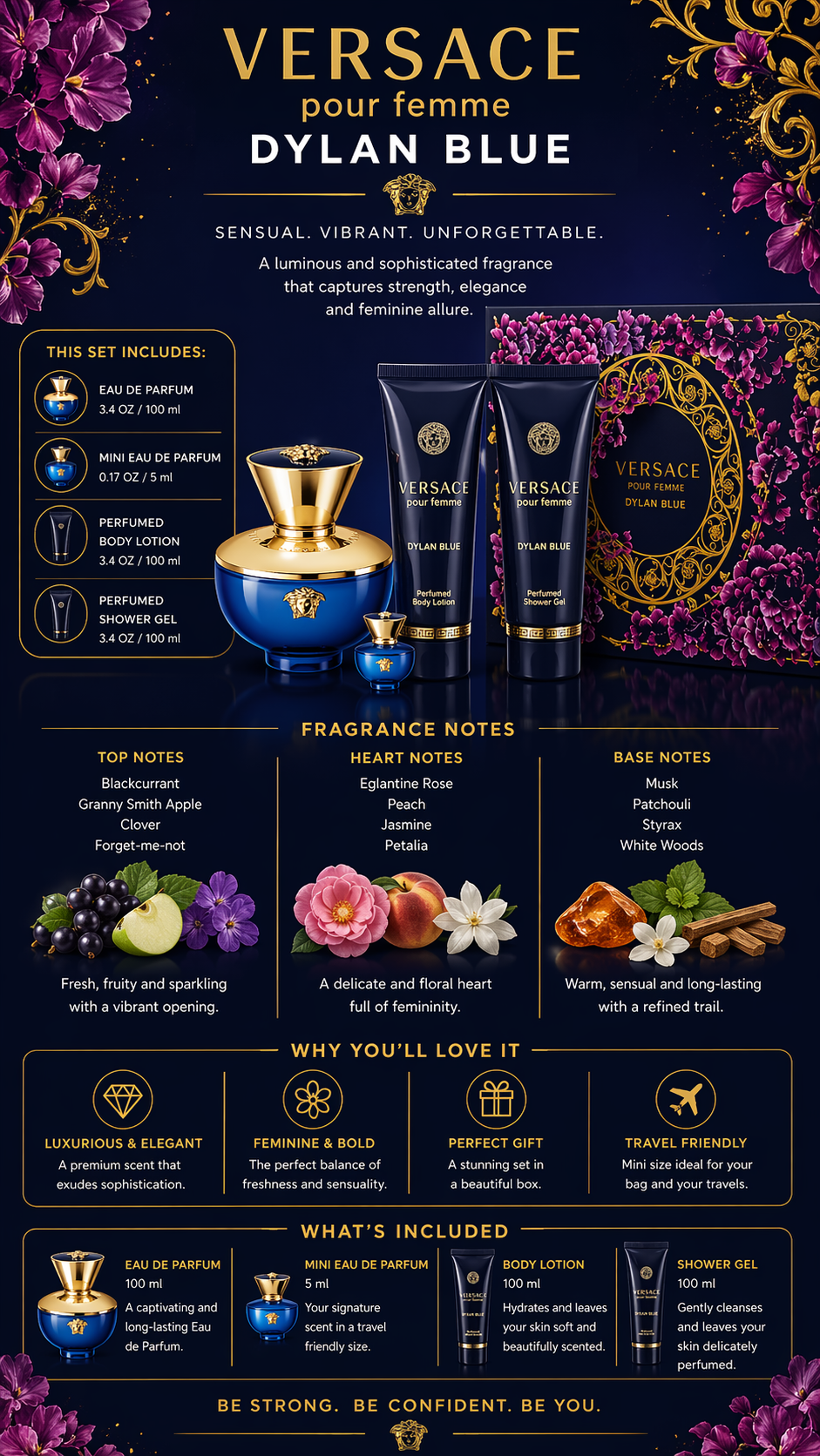 Versace Dylan Blue Set Eau De Parfum Spray 3.4 oz & Body Lotion 3.4 oz & Shower Gel 3.4 oz & Eau De Parfum 0.17 oz Mini women
