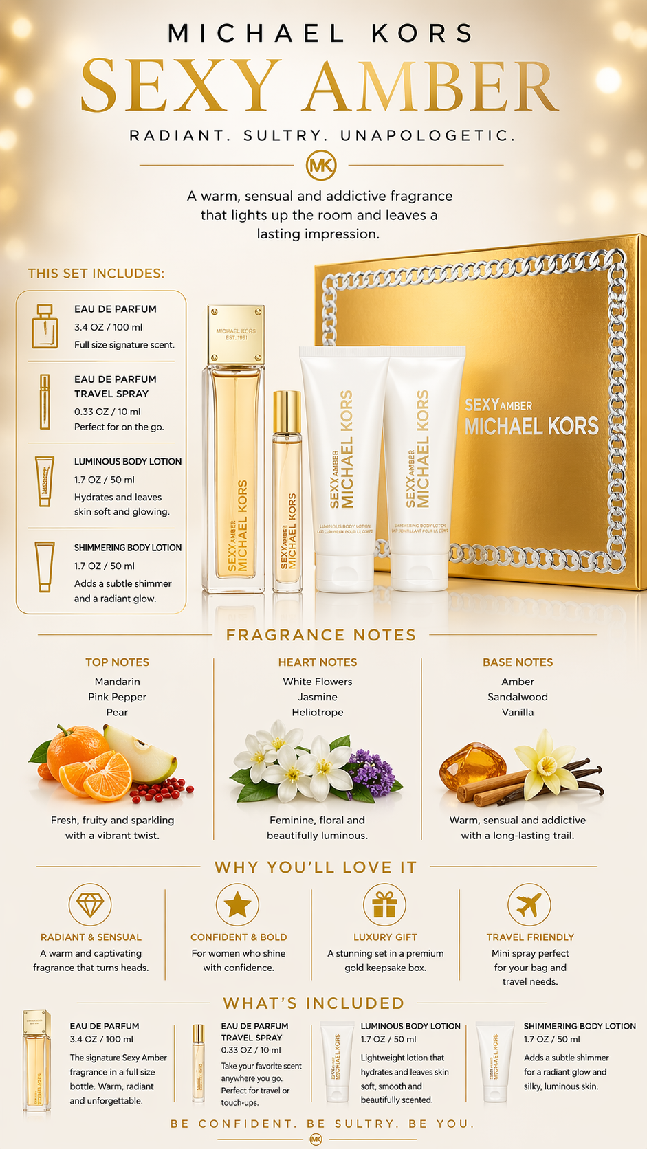 Michael Kors Sexy Amber women Eau De Parfum Spray 3.4 oz & Body Lotion 3.4 oz & Shower Gel 3.4 oz & Eau De Parfum Spray 0.34 oz Mini