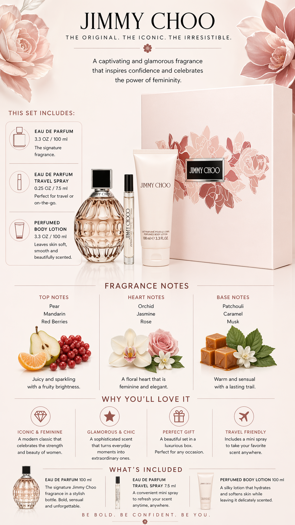 Jimmy Choo women Eau De Parfum Spray 3.3 oz & Body Lotion 3.3 oz & Eau De Parfum Spray 0.25 oz Mini