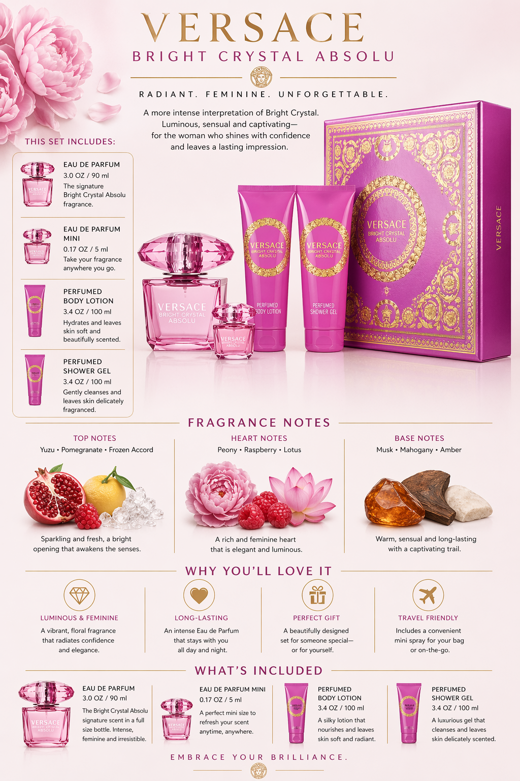 Versace Bright Crystal Absolu Set Eau De Parfum Spray 3 oz & Body Lotion 3.4 oz & Shower Gel 3.4 oz & Eau De Parfum 0.17 oz Mini