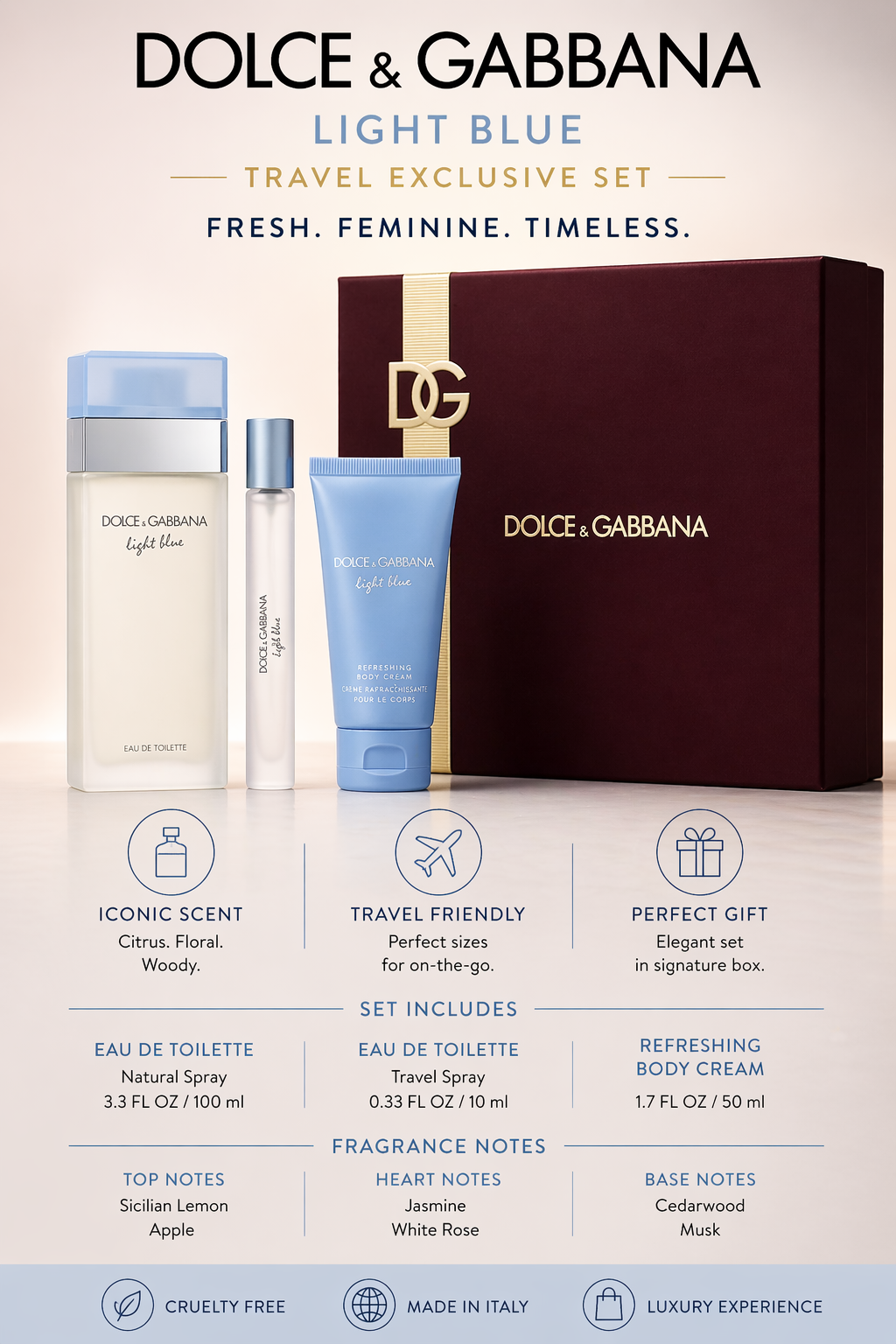 D & G Light Blue women Eau De Toilette Spray 3.3 oz & Body Cream 1.7 oz & Eau De Toilette Travel Spray 0.33 oz