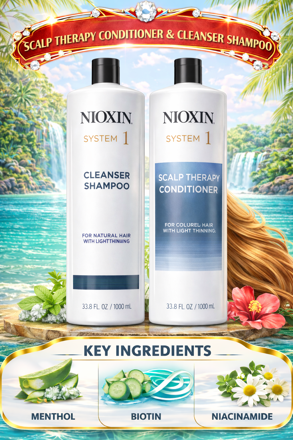 Nioxinu System 1 Scalp Therapy Conditioner And Cleanser Shampoo For Natural Hair With Light Thinning Liter Duo