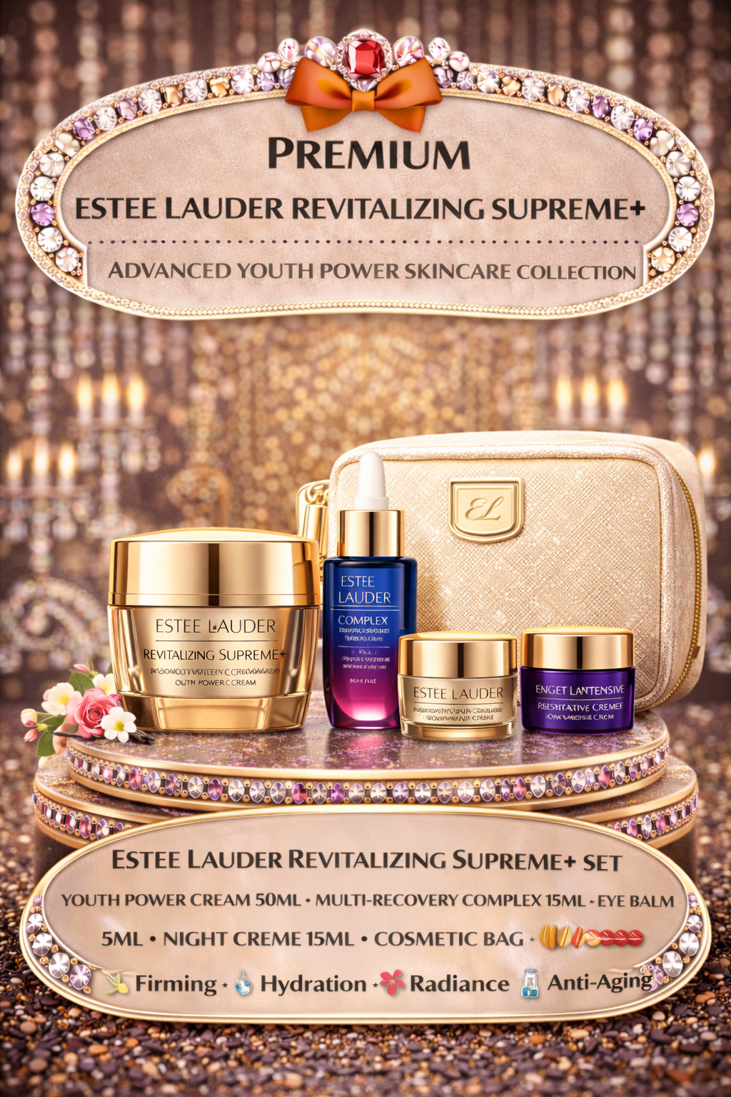Estee Lauder Revitalizing Supreme + Set: Revitalizing Supreme +Youth Power Cream 50ml + Multi-Recovery Complex 15ml + Supreme+ Youth Power Eye Balm 5ml + Supreme + Night Intensive Restorative Creme 15ml + 4pcs+Bag