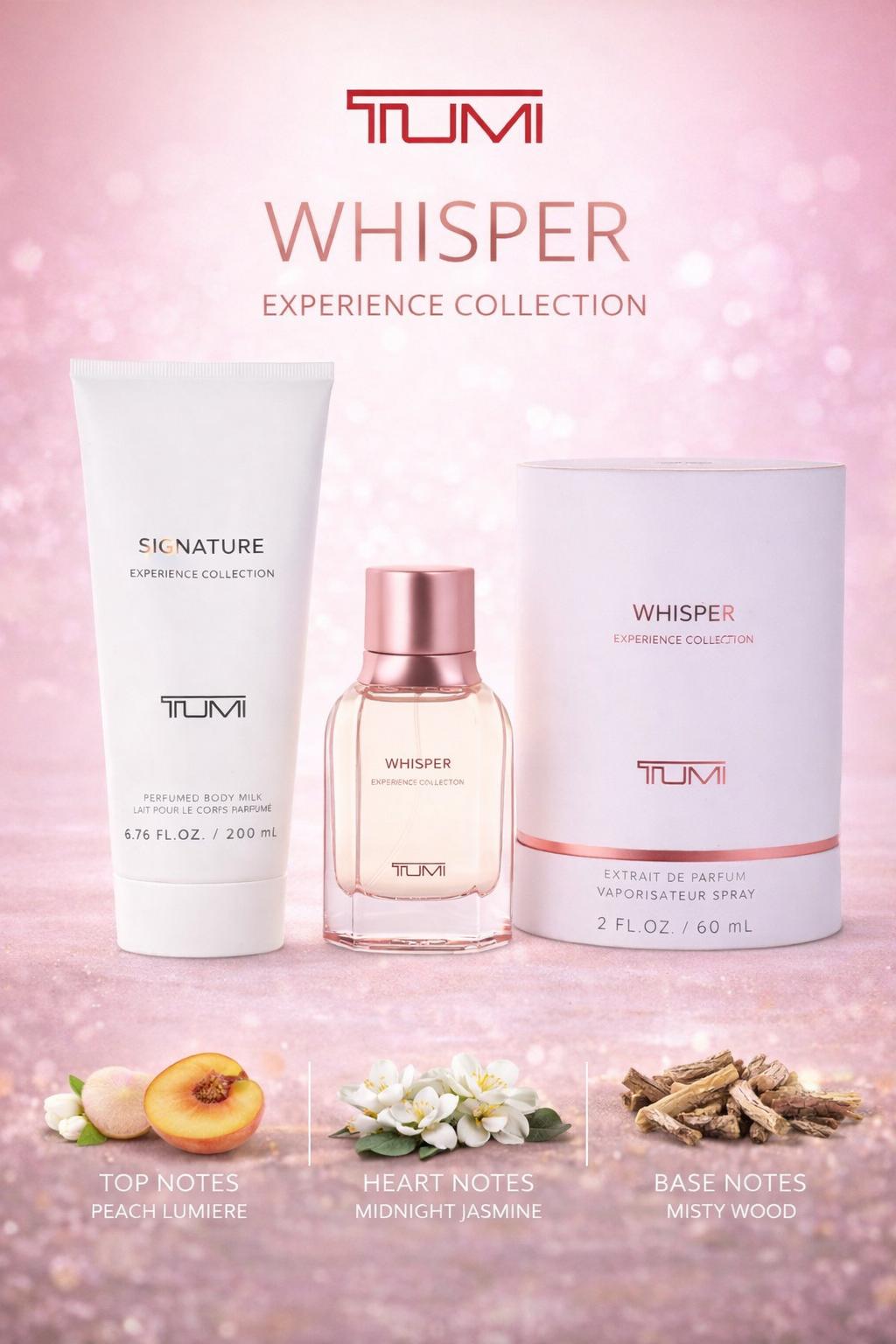 Tumi Whisper Extrait De Parfum Spray 2 oz & Body Milk 6.8 oz (Experience Collection)