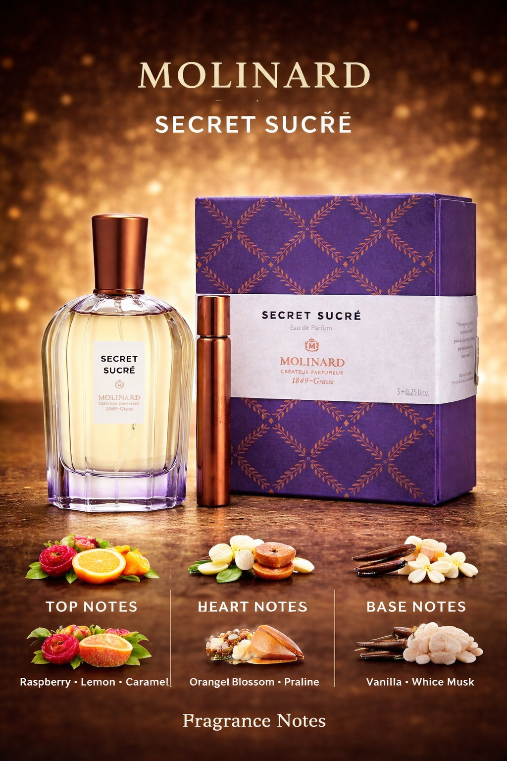 Molinard Secret Sucre Eau De Parfum Spray 3 oz & Eau De Parfum Roll-On 0.25 oz Mini