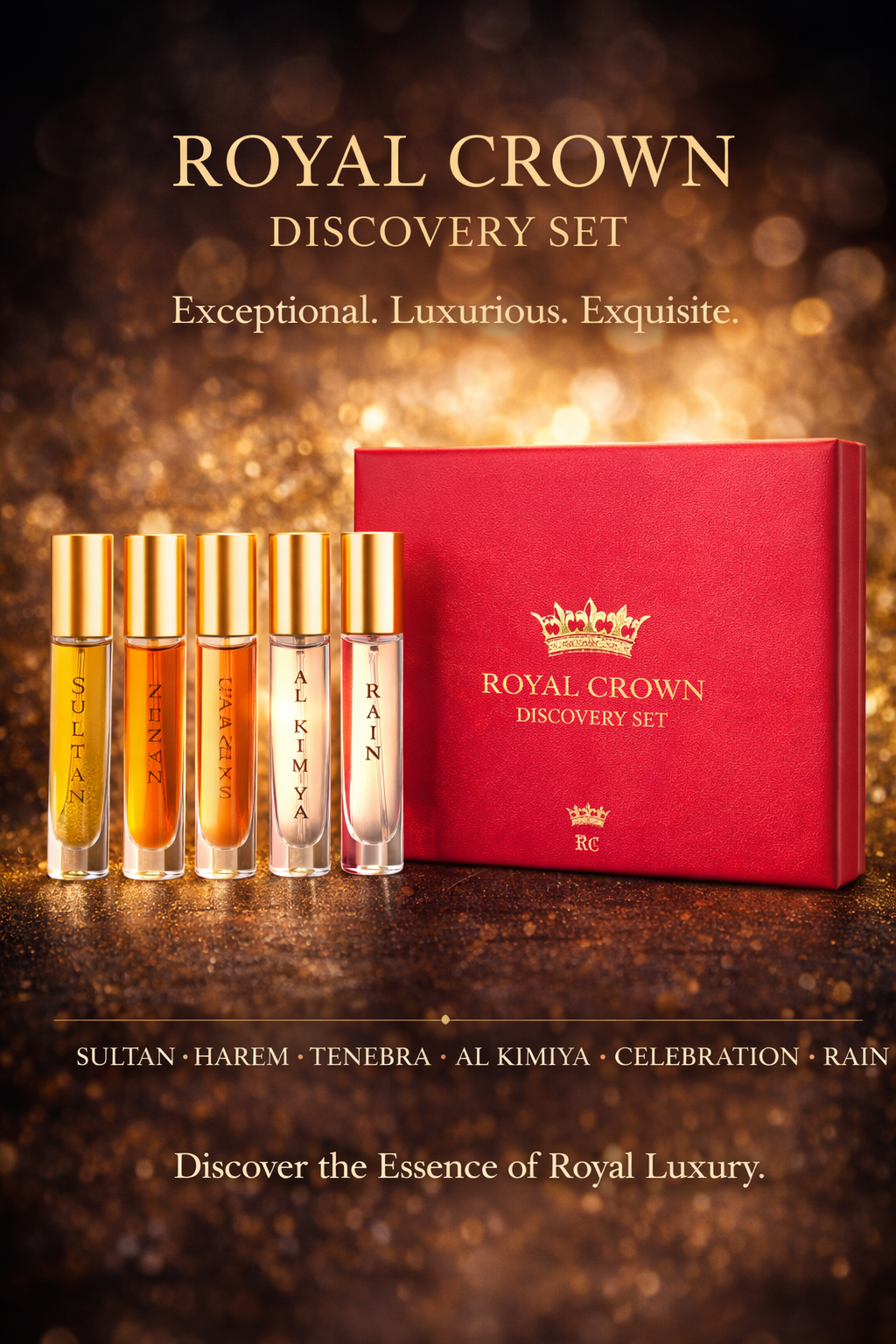 Royal Crown Variety Discovery Set With Sultan & Ytzma & Habanos & Celebration & Al Kimiya & Rain And All Are Extrait De Parfum Spray 0.5 oz Minis