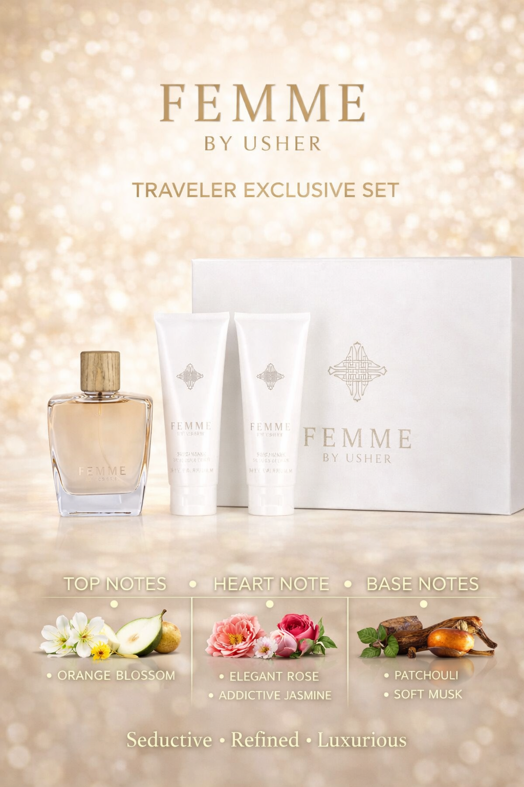 Usher Femme Set Eau De Parfum Spray 3.4 oz & Body Lotion 3.4 oz & Shower Gel 3.4 oz