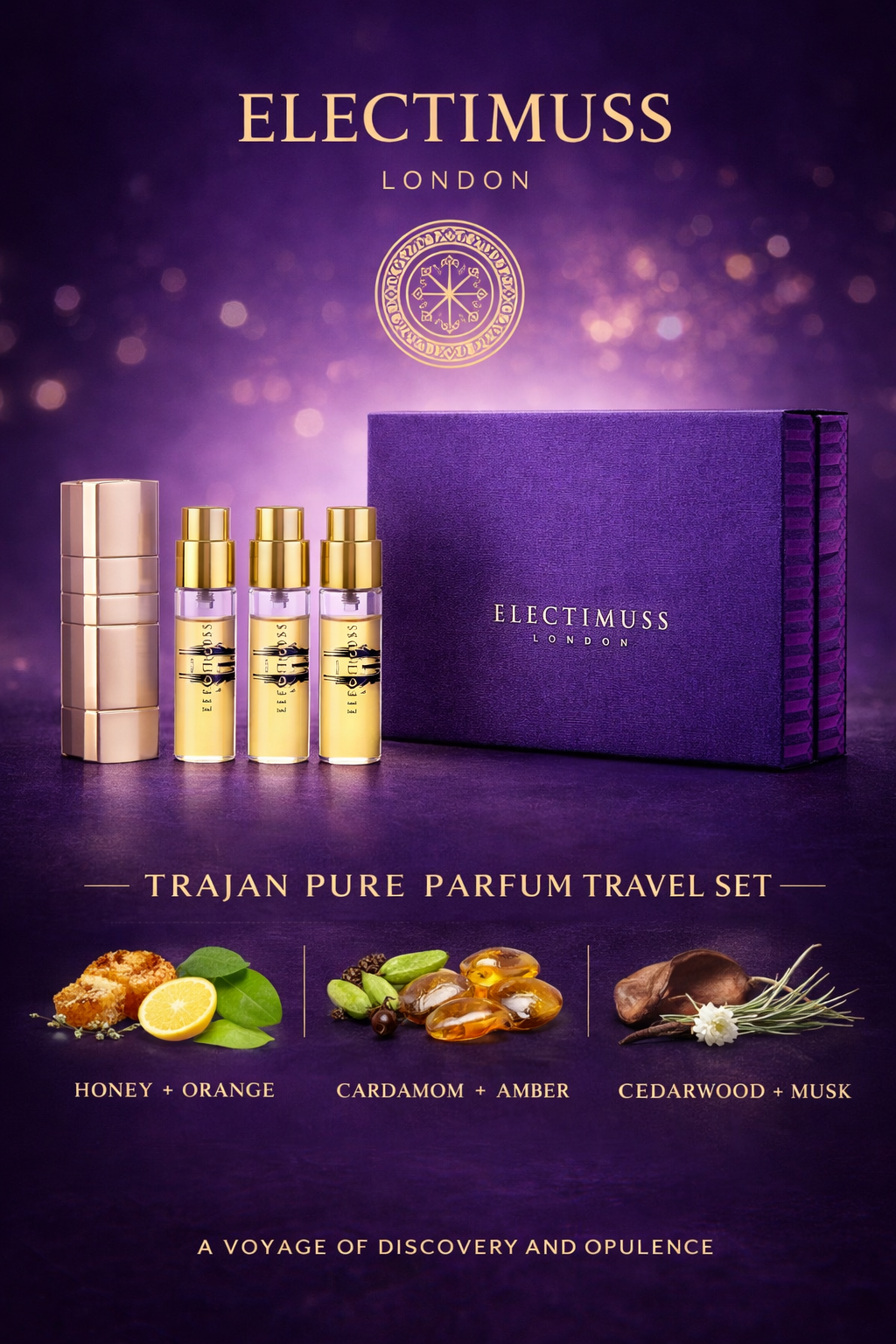 Electimuss Trajan Pure Parfum Travel Spray 0.34 oz X3 & Atomizer