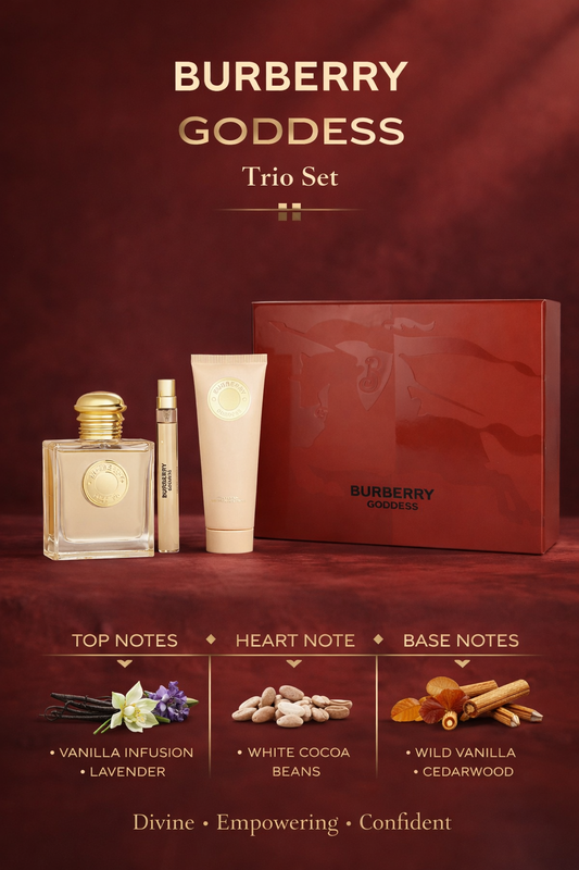 Burberry Goddess Trio Eau De Parfum Spray Refillable 3.3 oz & Body Lotion 2.5 oz & Eau De Parfum Spray 0.33 oz Mini