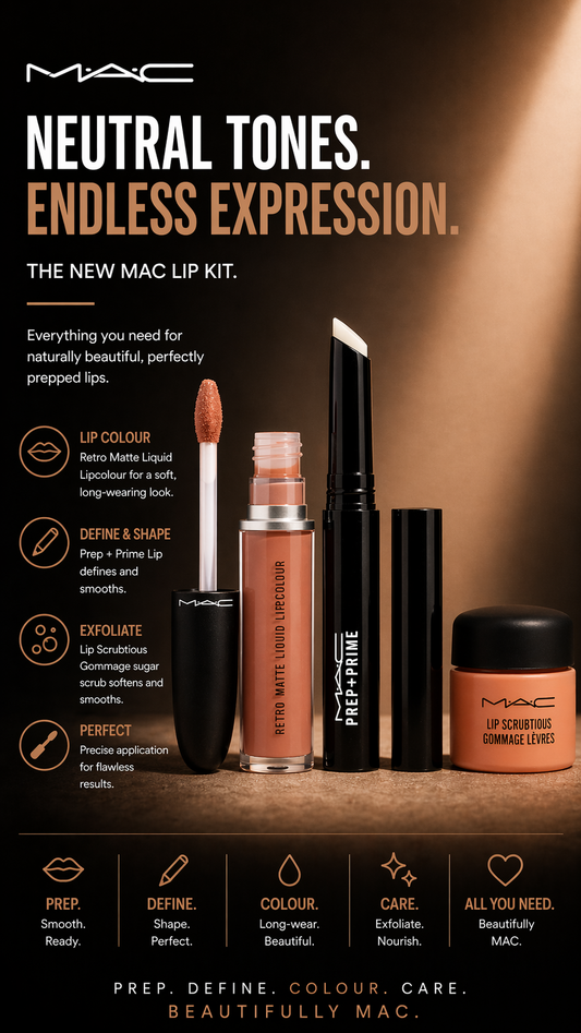 Mac women Lip Kit Neutral Travel: Lip Scrubtious + Prep+Prime Lip + Retro Matte Liquid Lipcolour -Neutral