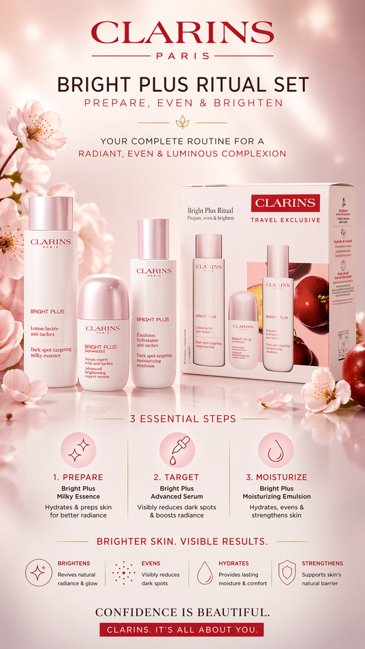 Clarins Bright Plus Ritual Set: Bright Plus Dark Spot-Targeting Milky Essence 200ml + Bright Plus Advanced Brightening Dark Spot-Targeting Expert Serum 50ml + Bright Plus Bright Plus Moisturizing Emulsion 75ml --3pcs