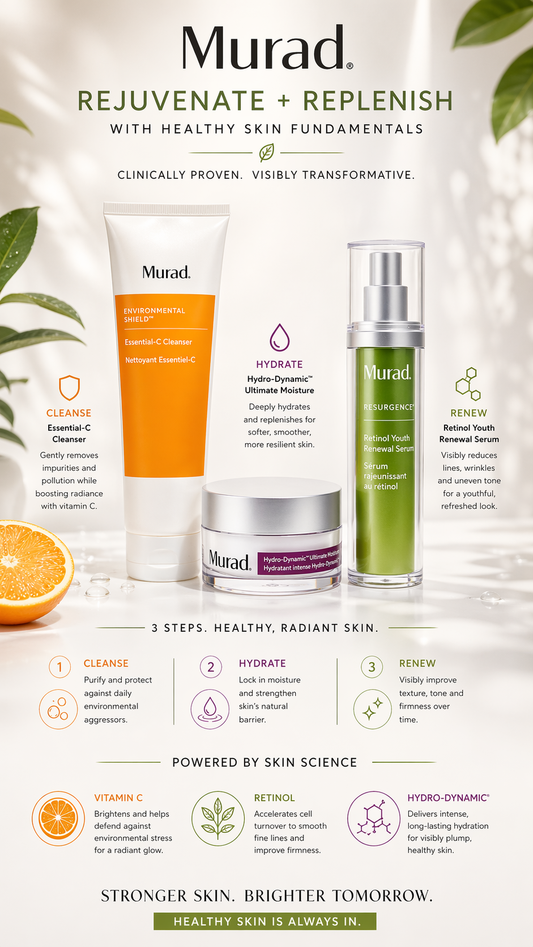 Murad Rejuvenate + Replenish With Healthy Skin Fundamentals Set: Essential-C Cleanser 147ml + Retinol Youth Renewal Serum 30ml + Hydro-Dynamic Ultimate Moisture 50ml --3pcs