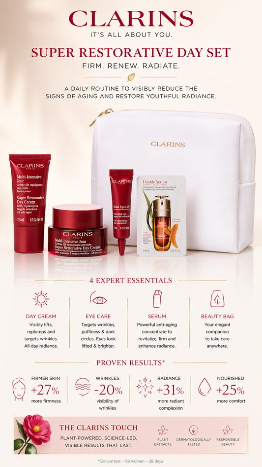 Clarins Super Restorative Day Cream 50ml + Night Cream 15ml + Total Eye Lift 7ml + Double Serum 9ml --4pcs + White Bag