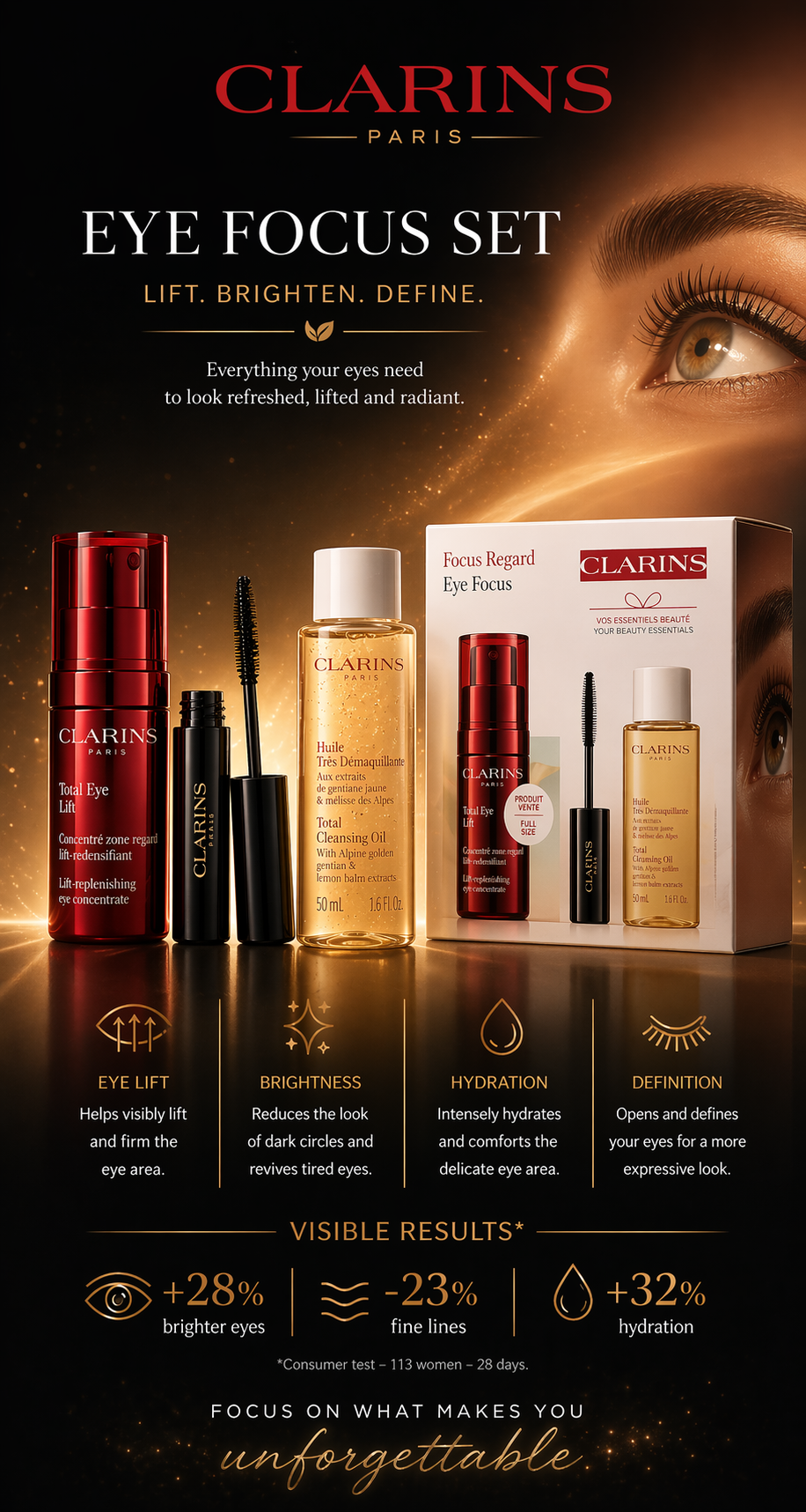 Clarins Eye Focus Gift Set: Total Eye Lift Concentrate 15ml+ Total Cleansing Oil 50ml + Wonder Perfect Mascara 4d # 01 Perfect Black 3ml 3pcs