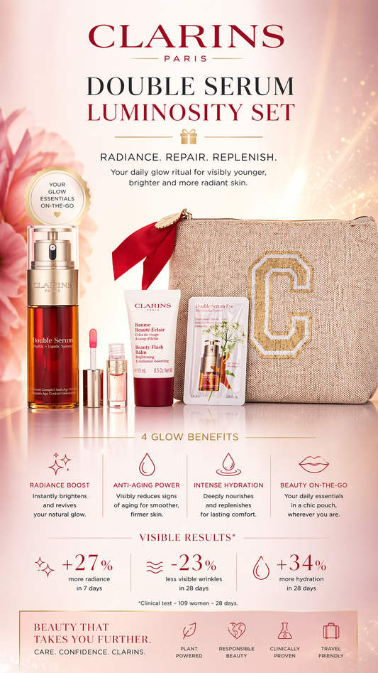 Clarins Double Serum Luminosity Set: Double Serum 1.7oz + Double Serum Eye 0.9oz + Beauty Flash Balm 0.5oz + Lip Comfort Oil 04 Pitaya 0.04oz --4pcs+Pouch