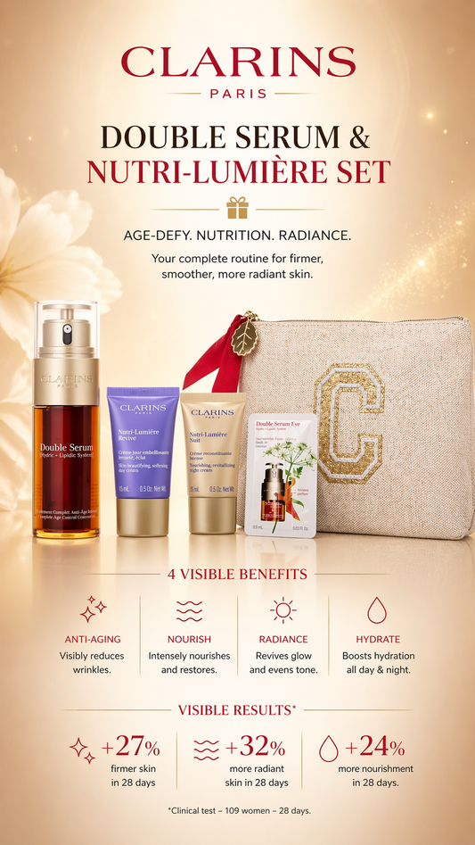 Clarins Double Serum And Nutri-Lumiere Collection: Double Serum Anti-Aging + Anti-Wrinkle Serum 1.6oz + Nutri-Lumière Revive 0.5oz + Nutri-Lumière Night Cream All Skin 0.5oz + Double Serum Eye 0.03oz --4pcs+Pouch