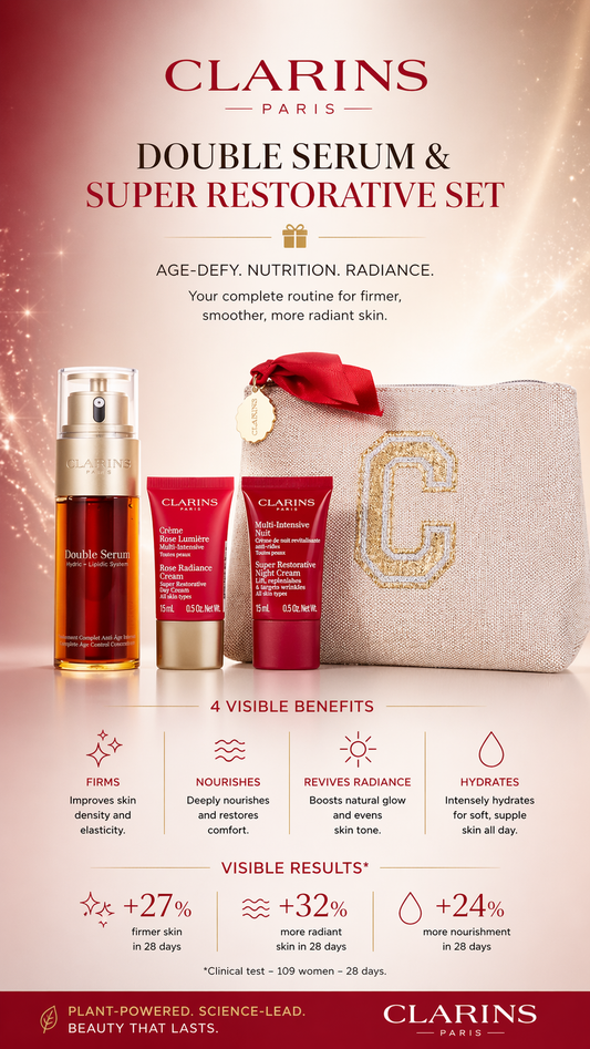 Clarins Double Serum And Super Restorative Collection Set: Double Serum 50ml + Super Restorative Rose Radiant Day Cream 15ml + Super Restorative Night Cream 15ml + Double Serum Eye 0.9ml --4pcs+Pouch