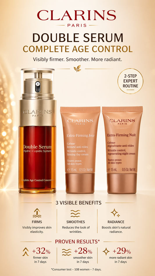 Clarins Double Serum 50ml + Extra-Firming Day Cream Ast 15ml + Extra-Firming Night Cream Ast 15ml + Double Serum Eye Sachet 0.9ml --4pcs