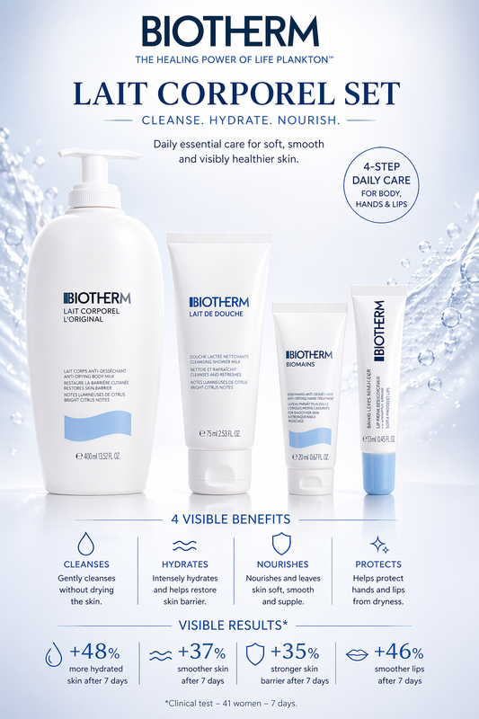 Biotherm Lait Corporel Set - Lait Corporel Anti-Drying Body Milk 400ml + Lait De Douche Cleansing Shower Milk 75ml + Hand & Nail Treatment 20ml + Lip Balm 13ml --4pcs