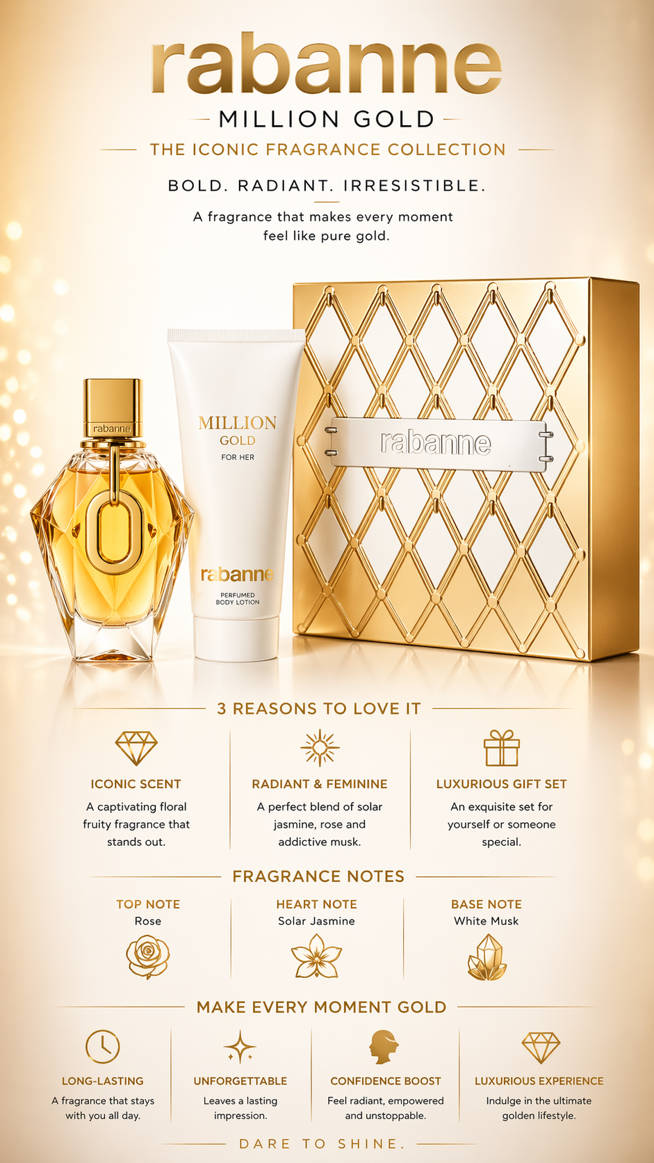 Paco Rabanne Million Gold Eau De Parfum Refillable Spray 3 oz & Body Lotion 3.4 oz