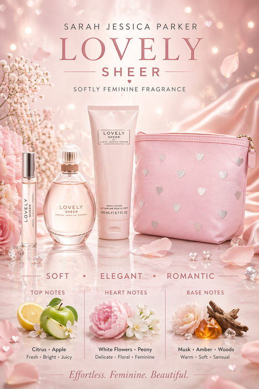 Lovely Sheer Sarah Jessica Parker  Eau De Parfum Spray 3.4 oz & Body Lotion 6.7 oz & Eau De Parfum Pen Spray 0.51 oz Mini & Bag