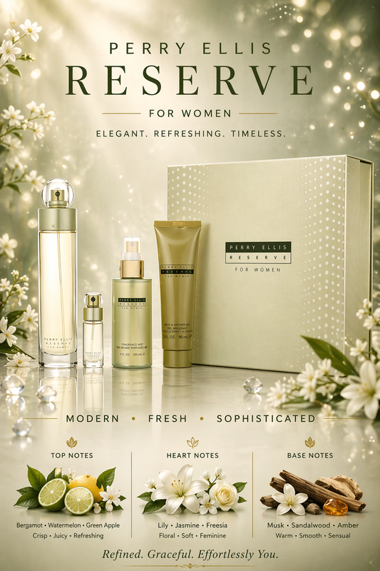 Perry Ellis Reserve  Eau De Parfum Spray 3.4 oz & Body Mist Spray 4 oz & Bath And Shower Gel 3 oz & Eau De Parfum Spray 0.25 oz Mini