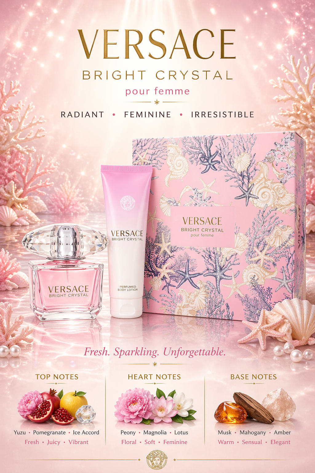 Versace Bright Crystal Perfume Set Eau De Toilette Spray 3 oz & Body Lotion 5 oz