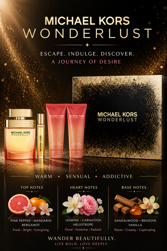 Michael Kors Wonderlust Eau De Parfum Spray 3.4 oz & Body Lotion 3.4 oz & Shower Gel 3.4 oz & Eau De Parfum Spray 0.33 oz Mini