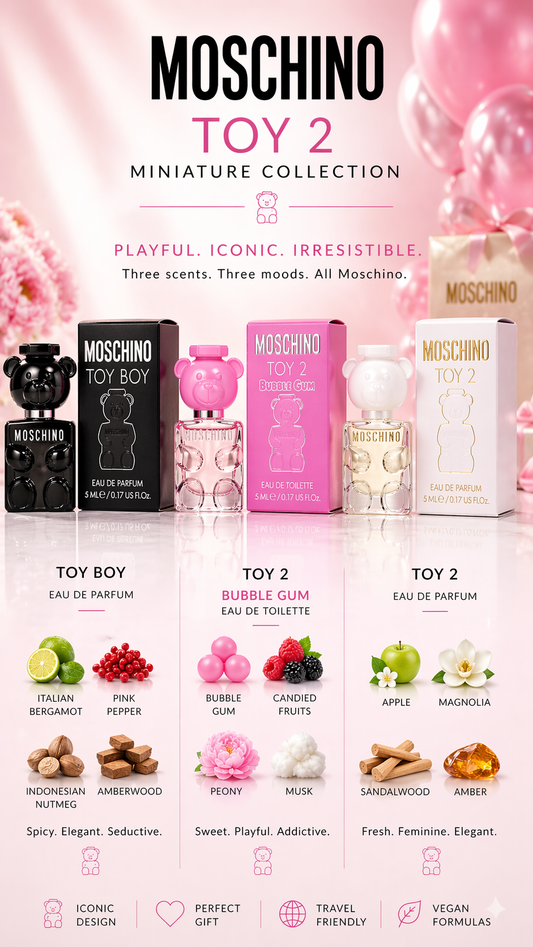 Moschino Perfume Set 3 Piece Mini Set With Toy 2 Eau De Parfum 0.17 oz Mini & Toy Boy Eau De Parfum 0.17 oz Mini & Toy 2 Bubblegum Eau De Toilette 0.17 oz Mini