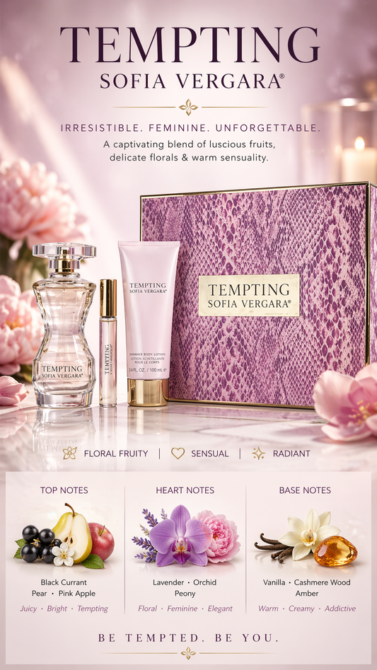 Tempting By Sofia Vergara  Eau De Parfum Spray 3.4 oz & Shimmer Body Lotion 3.4 oz & Eau De Parfum Rollerball 0.33 oz