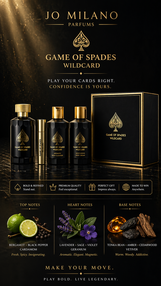 Jo Milano Game Of Spades Wildcard  Parfum Spray 3.4 oz & Body Cleanser 6.8 oz & Body Cream 6.8 oz & Refillable Spray 0.27 oz Mini