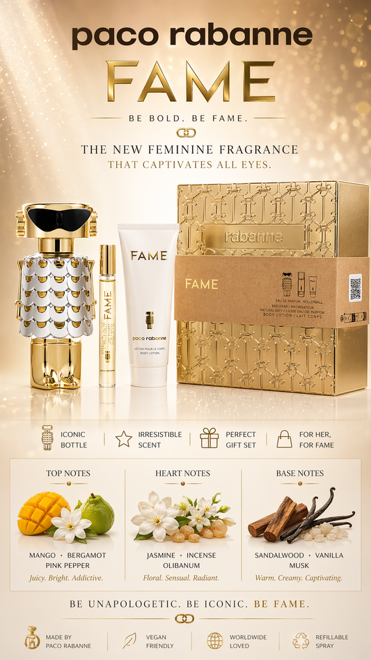 Paco Rabanne Fame  Eau De Parfum Refillable Spray 2.7 oz & Body Lotion 3.4 oz & Eau De Parfum Spray 0.34 oz