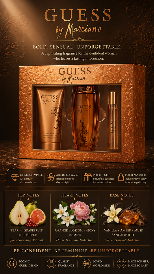 Guess By Marciano women Eau De Parfum Spray 3.4 oz & Body Lotion 6.7 oz & Eau De Parfum Spray 0.5 oz