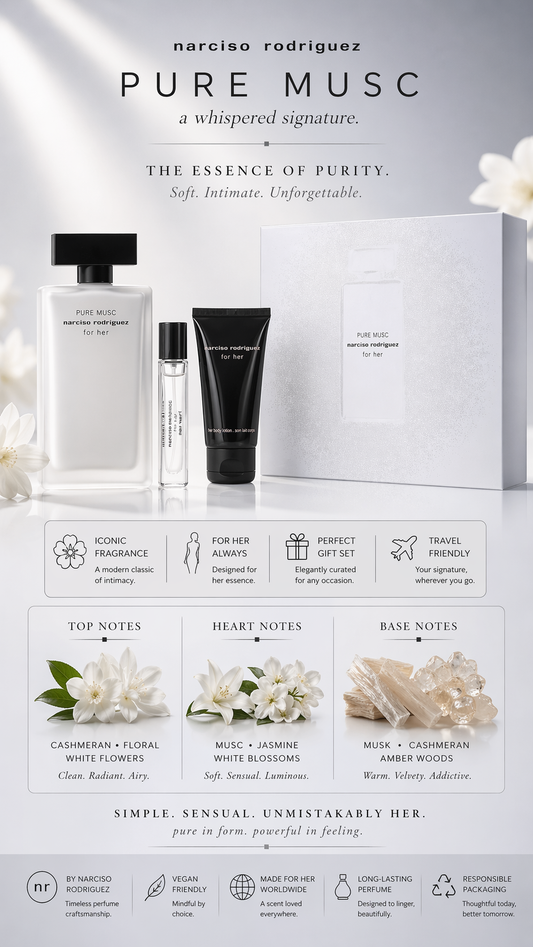 Narciso Rodriguez Pure Musc Eau De Parfum Spray 3.3 oz & Body Lotion 1.6 oz & Eau De Parfum Spray 0.33 oz Mini