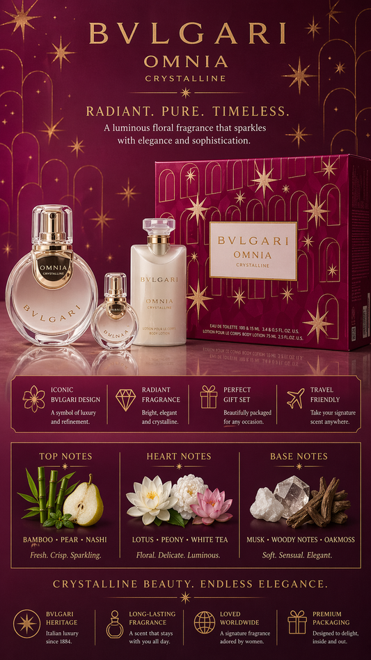 Bvlgari Omnia Crystalline  Eau De Toilette Spray 3.4 oz & Body Lotion 2.5 oz & Eau De Toilette Spray 0.5 oz