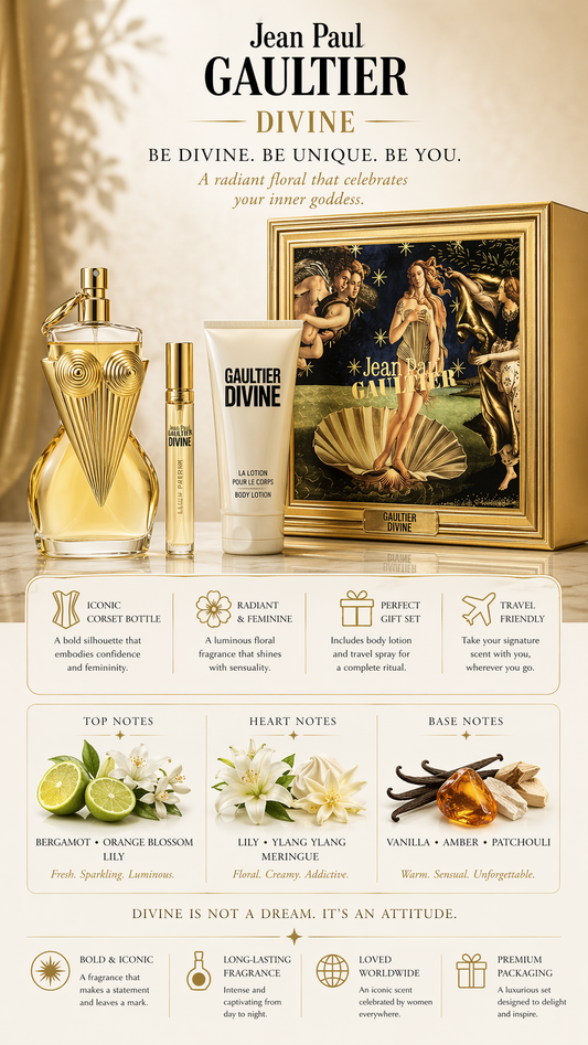 Jean Paul Gaultier Divine Eau De Parfum Refillable Spray 3.4 oz & Body Lotion 2.5 oz & Eau De Parfum Spray 0.34 oz Mini