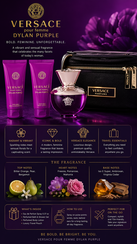 Versace Dylan Purplewomen Eau De Parfum Spray 3.4 oz & Bath And Shower Gel 3.4 oz & Body Lotion 3.4 oz & Beauty Case