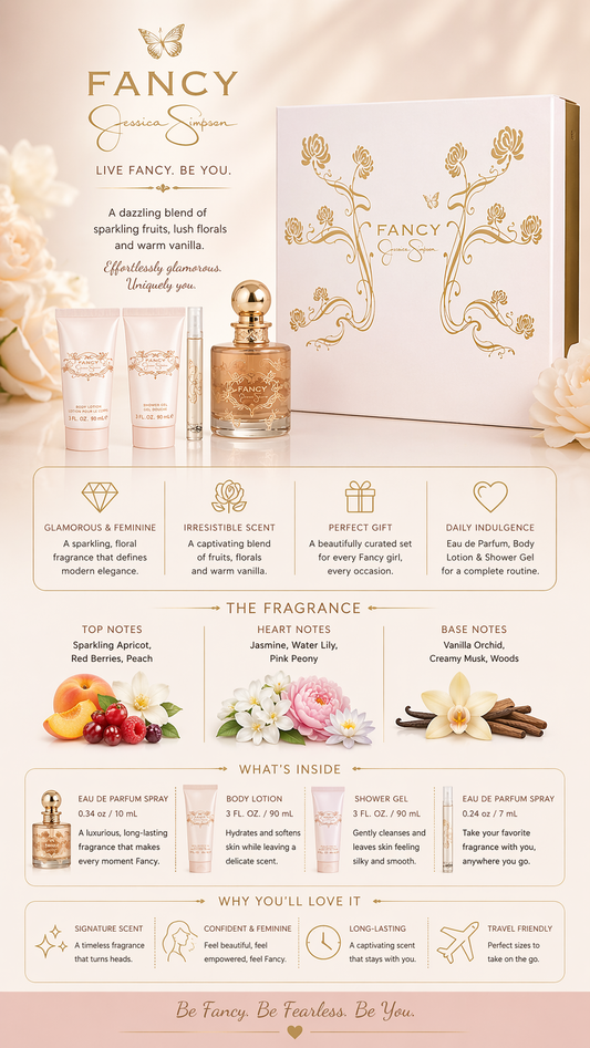 Fancy women Eau De Parfum Spray 3.4 oz & Body Lotion 3 oz & Shower Gel 3 oz & Eau De Parfum Spray 0.34 oz Mini