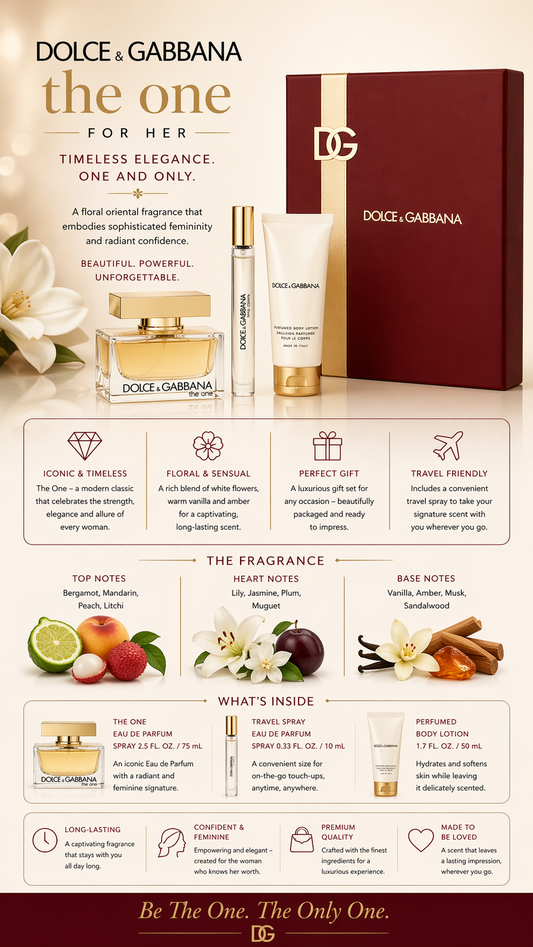 The One women Eau De Parfum Spray 2.5 oz & Body Lotion 1.7 oz & Eau De Parfum Travel Spray 0.33 oz