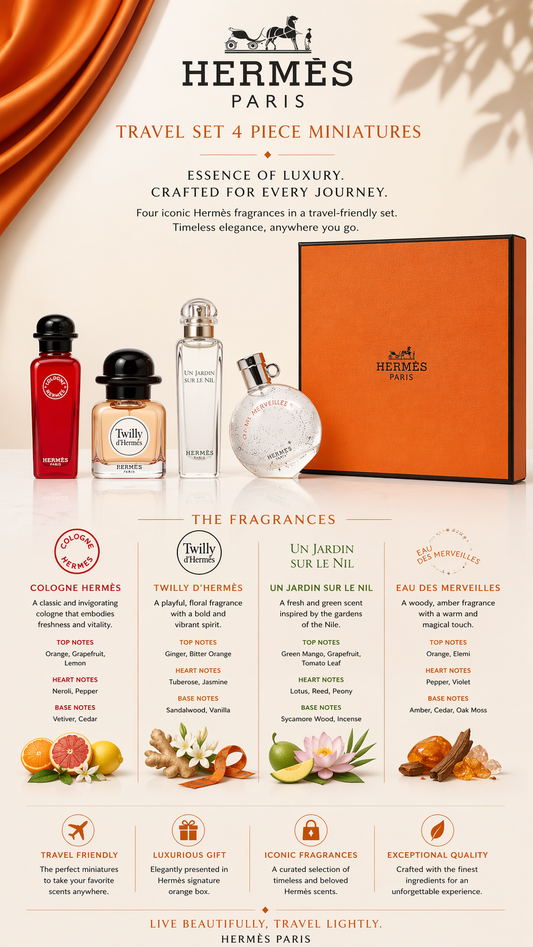 Hermes Travel Set 4 Piece Mini Variety With Un Jardin Sur Le Nil Eau De Toilette 0.25 oz & Eau Des Merveilles Eau De Toilette 0.25 oz & Twilly d'Hermes Eau De Parfum 0.25 oz & Eau De Rhubarbe Ecarlate Eau De Cologne 0.25 oz