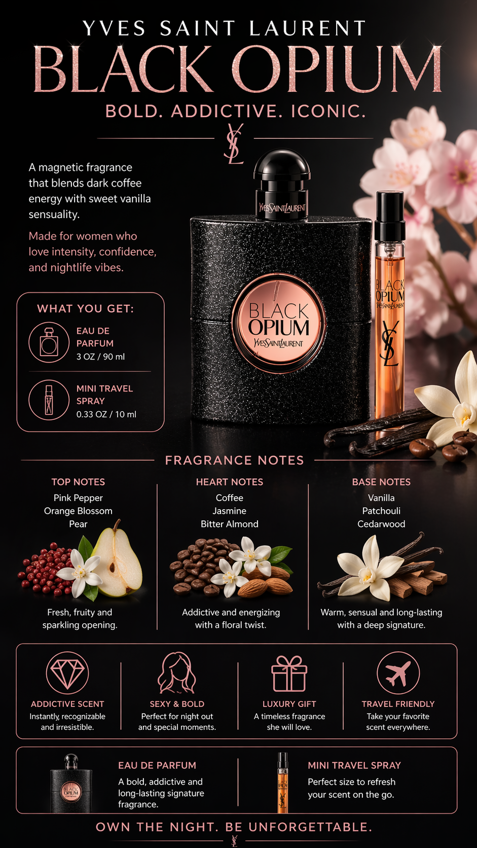 Black Opium women Eau De Parfum Spray 3 oz & Eau De Parfum Spray 0.33 oz Mini