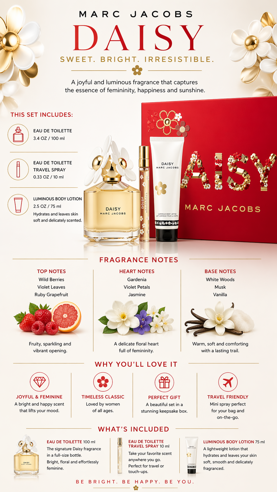 Marc Jacobs Daisy Set Eau De Toilette Spray 3.4 oz & Luminous Body Lotion 2.5 oz & Eau De Toilette Spray 0.33 oz Mini women