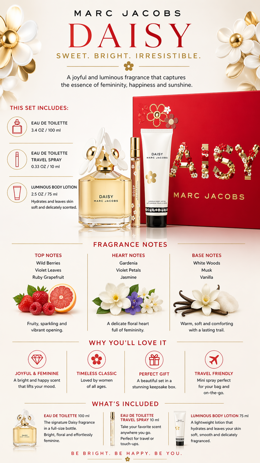 Marc Jacobs Daisy Set Eau De Toilette Spray 3.4 oz & Luminous Body Lotion 2.5 oz & Eau De Toilette Spray 0.33 oz Mini women