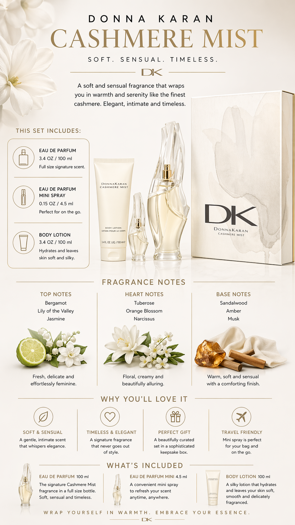 Cashmere Mist women Eau De Parfum Spray 3.4 oz & Body Lotion 3.4 oz & Eau De Parfum 0.15 oz Mini