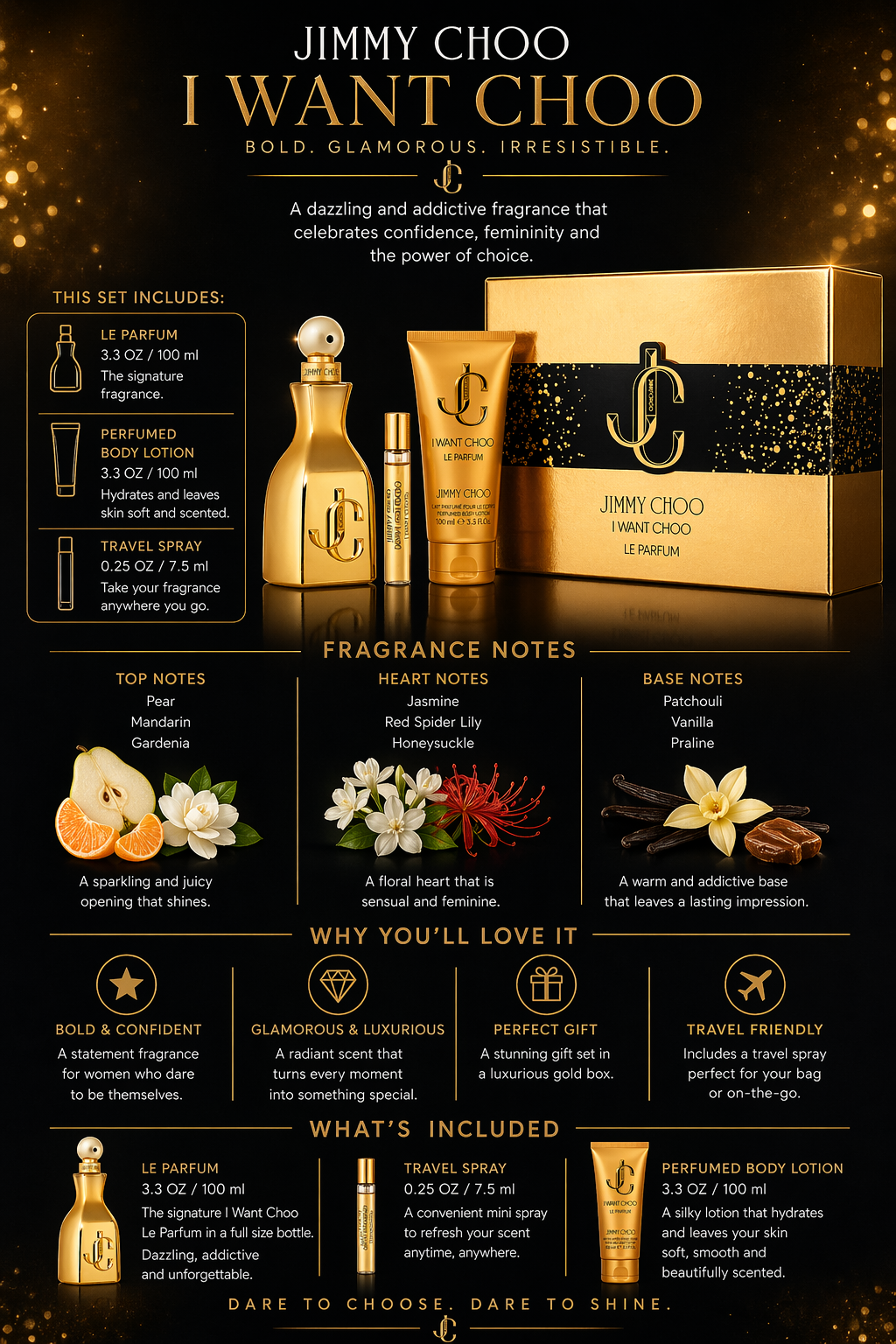 Jimmy Choo I Want Choo Le Parfum women Parfum Spray 3.3 oz & Body Lotion 3.3 oz & Parfum Spray 0.25 oz Mini